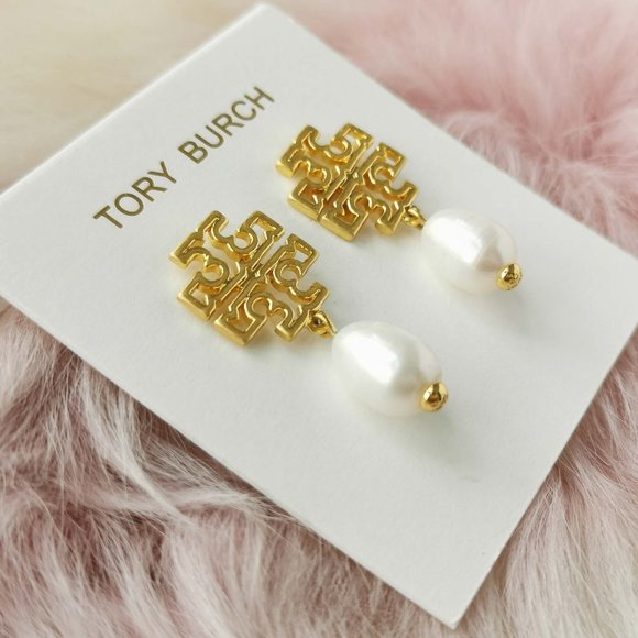 Tory Burch Gold Britton Logo White Pearl Drop Earrings - Picture 2 of 3